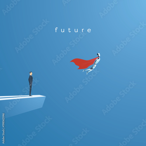 Ai or artificial intelligence vector concept with ai robot flying as superhero. Symbol of future technology, advance, automation and science.