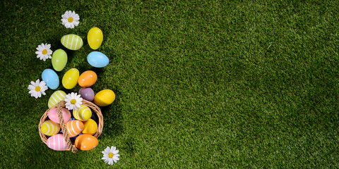 above top view of multi colored painted easter eggs on the green grass with springtime daisy flowers