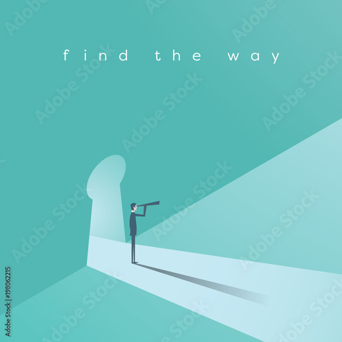 Business visionary vector concept with businessman standing in keyhole gate and with telescope. Business symbol for solutions, ideas, vision.