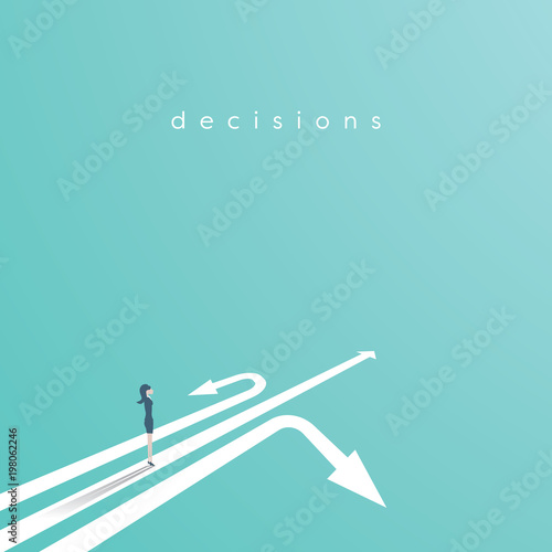 Business decision vector concept with businesswoman standing above three arrows. Business symbol of decision, opportunity, challenge, career.