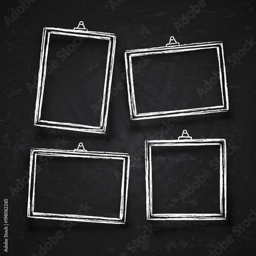 Old hand drawn chalk photo frames, white vintage image borders with shadows isolated on blackboard vector set