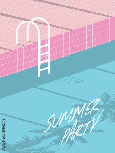 Summer pool party invitation flyer, poster, template, banner with retro swimming pool and steps.