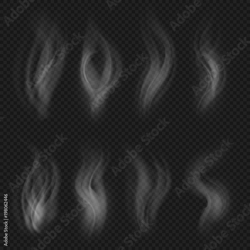 White transparent smoke collection. Hot steam from food isolated on checkered background vector set