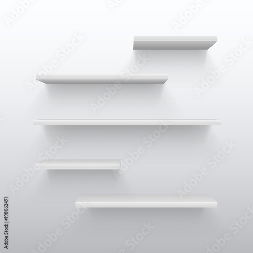 Empty white trading 3d shelves with shadow on wall. Blank bookshelf for home interior vector illustration