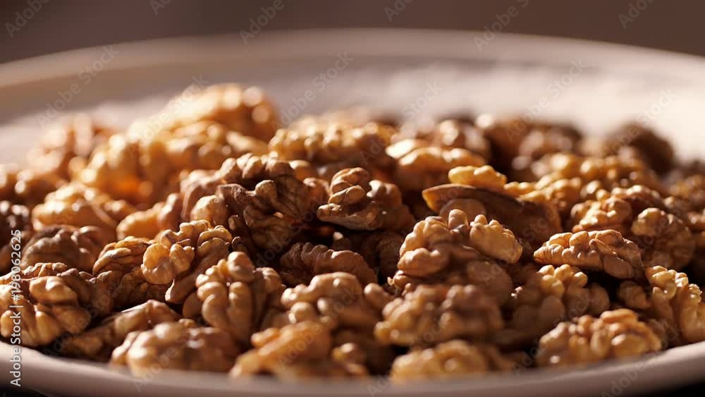 Walnut. Kitchen under the morning sun. A white plate with walnut close up. Walnut on a white plate in kitchen. close up. Walnut turns in a shot Walnut. Kitchen under the morning sun. A white plate with walnut close up. Walnut on a white plate in kitchen. close up. Walnut turns in a shot
