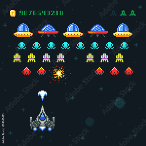 Vintage video space arcade game vector pixel design with spaceship shooting bullets and aliens