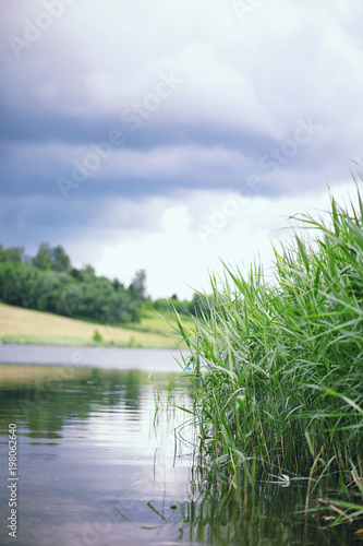 Landscape lake. Texture of water. The lake is at dawn. The mouth