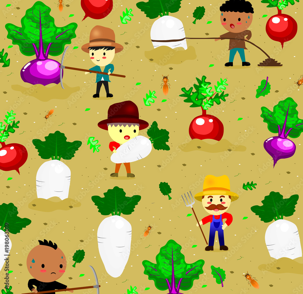  pattern with cute radish on field and farmer,vegetables and worker cartoon style,vector.
