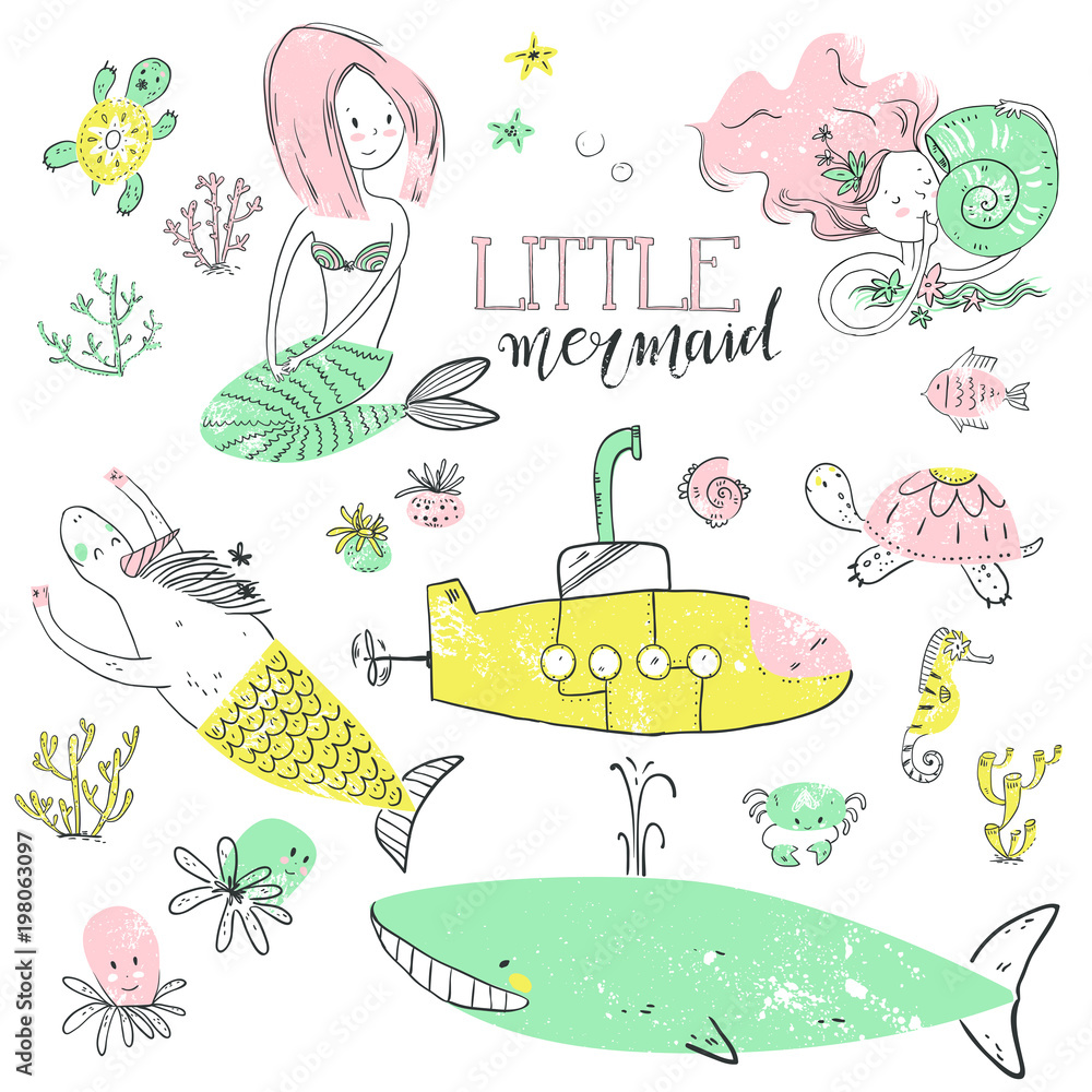 Fototapeta premium Cute little mermaid set. Believe in miracle. Textured vector ill