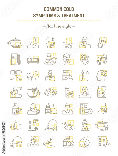 Vector graphic set. Icons in flat, contour, outline thin and linear design. Common cold. Symptoms, treatment, prevention. Simple isolated icons. Concept illustration Web site. Sign, symbol, element.