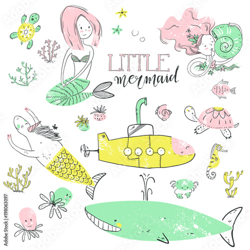 Cute little mermaid set. Believe in miracle. Textured vector ill