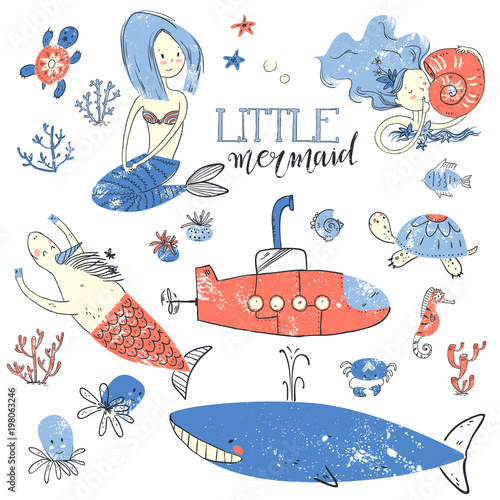 Cute little mermaid set. Believe in miracle. Textured vector ill