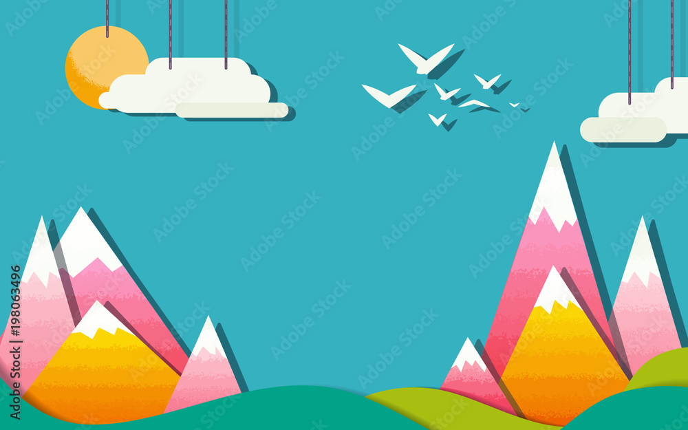 Paper cut landscape with colorful mountains, green hills, white clouds and birds, vector illustration background