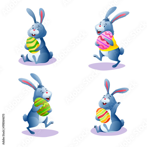 Cute cartoon rabbit set with chocolate easter painted eggs. Happy bunny collection isolated on white background. Decoration for greeting card, banner. Easter egg hunt. Colorful vector illustration.
