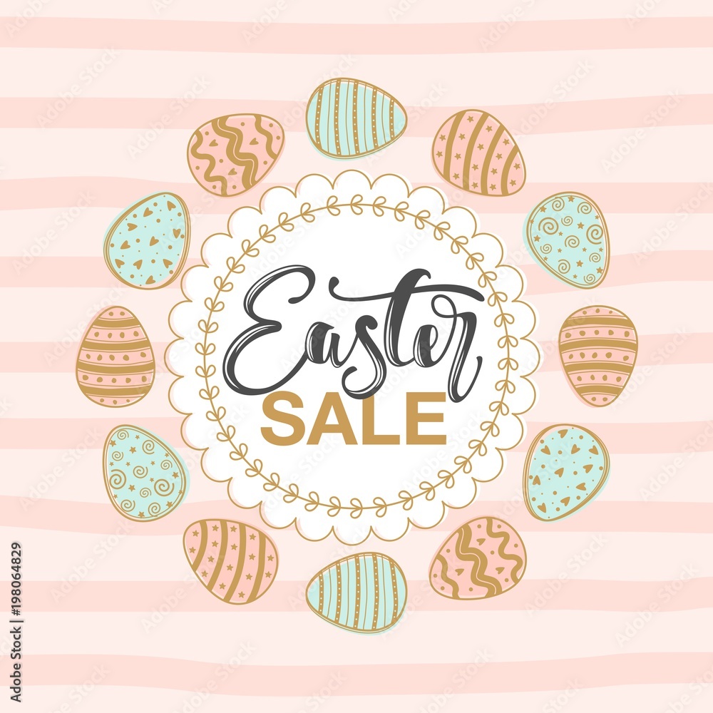 Easter sale background with beautiful flowers. Vector illustration. Frame with colors and words.