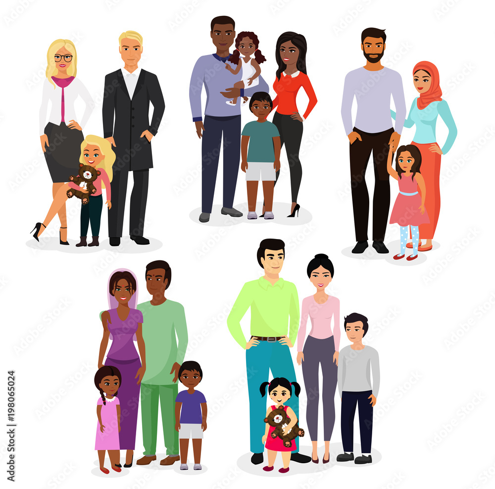 Vector illustration set of different nationals couples and families. People of different races, nationalities white, black and asian , ages, with baby, boy, girl happy and smiley on white background. Vector illustration set of different nationals couples and families. People of different races, nationalities white, black and asian , ages, with baby, boy, girl happy and smiley on white background.