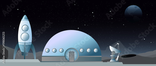 Vector illustration of flat style web banner on the theme of astronomy, space exploration, colonization of space. Moon exploration. Spaceship and station on the Moon landscape.