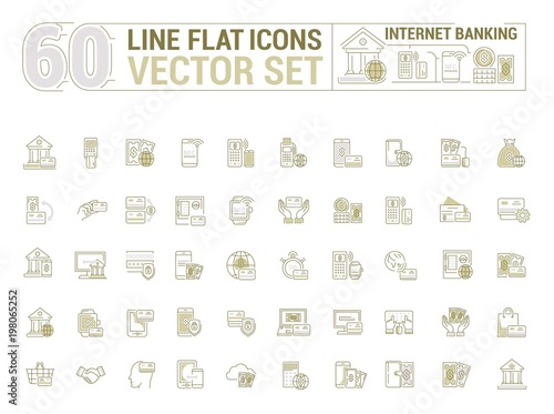 Vector graphic set. Icons in flat, contour, thin and linear design. Internet banking. Modern technology.Simple icon on white background.Concept illustration for Web site, app. Sign, symbol, emblem.