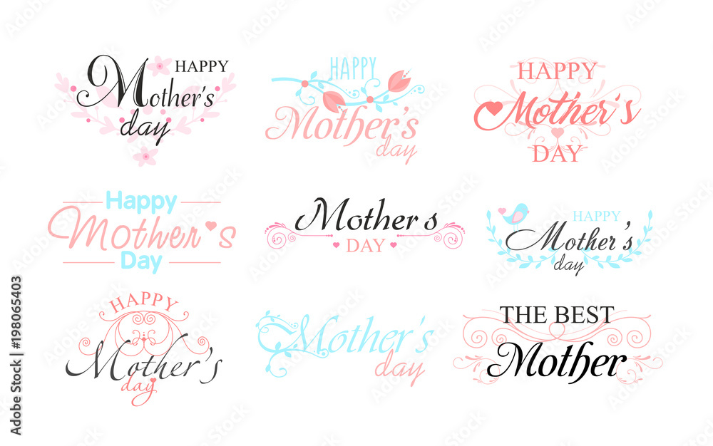 Vector illustration set of nine beautiful Mothers Day typography compositions in vintage style. Vector illustration set of nine beautiful Mothers Day typography compositions in vintage style.