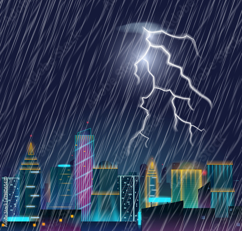 Night cityscape with lightning flash and heavy rain. Thunderstorm in the city. Urban landscape with thunder and lightning. Realistic vector illustration.