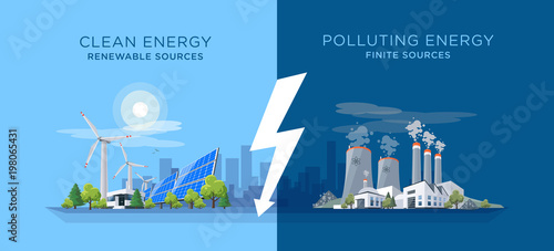 Vector illustration showing clean and polluting electricity generation production. Polluting fossil thermal coal and nuclear power plants versus clean solar panels and wind turbines renewable energy.