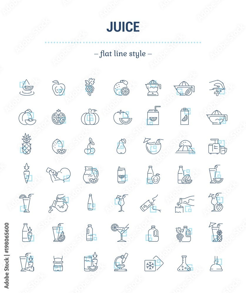 Fototapeta Vector graphic set. Icons in flat, contour, thin, minimal and linear design. Illustration of juice. Glass, bottle and package. Natural, product. Simple isolated concept sign and symbol for Web site.