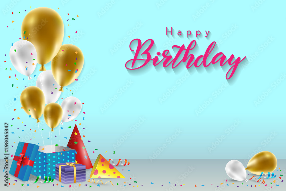 Happy Birthday background template with balloons, gift boxes and confetti. Design for poster, banner, graphic template, birthday card, greeting or invitation card.
