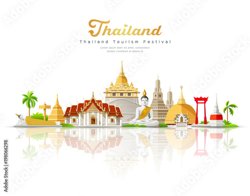 Thailand tourism festival building landmark on shadow isolated on white background, vector illustration