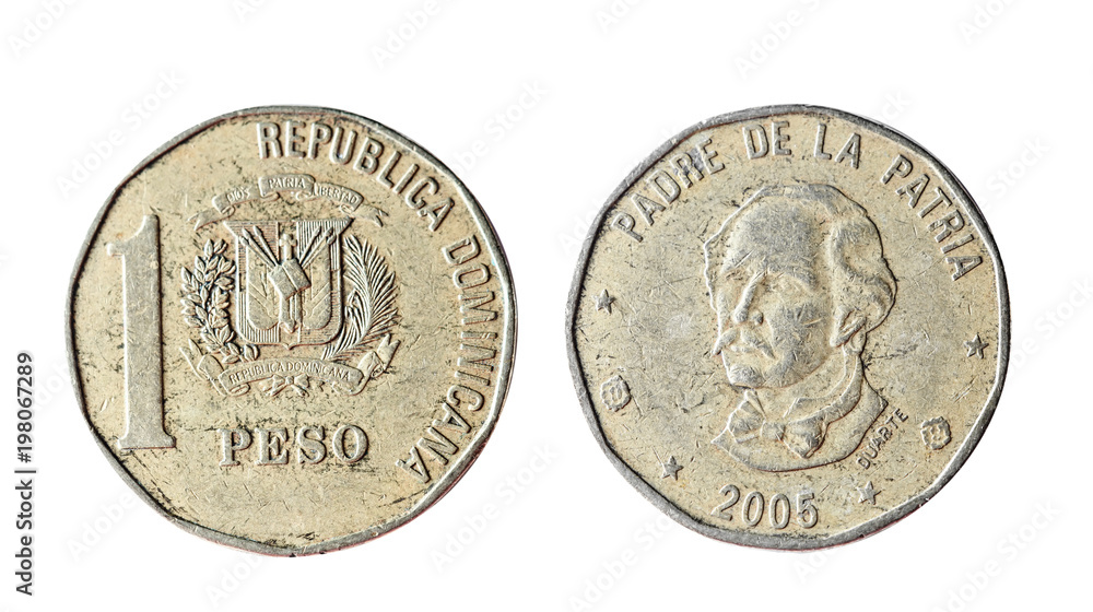1 peso of Dominican Republic 2005. Isolated object on a white background. 1 peso of Dominican Republic 2005. Isolated object on a white background.