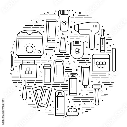 Circle with hair removal methods symbols in line style. Shaving sugaring laser waxing epilation depilation tweezing concept theme. Unique hair removal methods round print. Elements, icons.