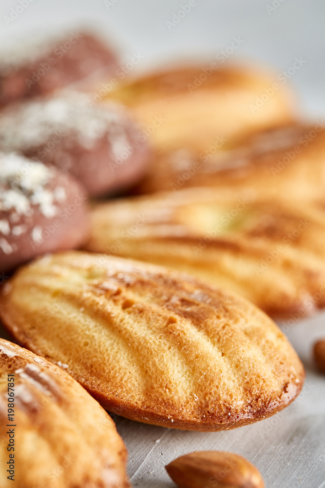 Tasty almond cookies arranged in the shape of fan on white background, close-up, selective focus