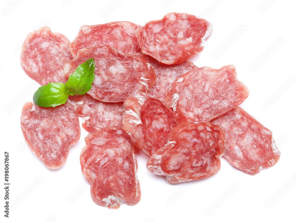 Dried sliced organic salami sausage on white background Dried sliced organic salami sausage on white background