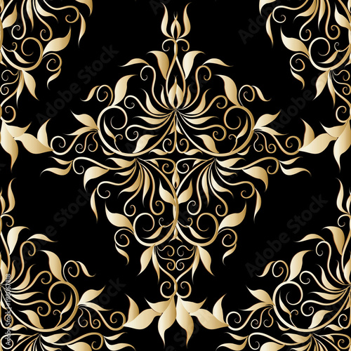 Gold damask seamless pattern. Vector floral black background with vintage golden hand drawn flowers, leaves, swirls, curves, line art tracery renaissance style ornaments. Elegance ornate design.