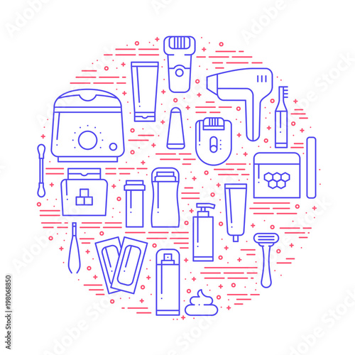 Circle with hair removal methods symbols in line style. Shaving sugaring laser waxing epilation depilation tweezing concept theme. Unique hair removal methods round print. Elements, icons.