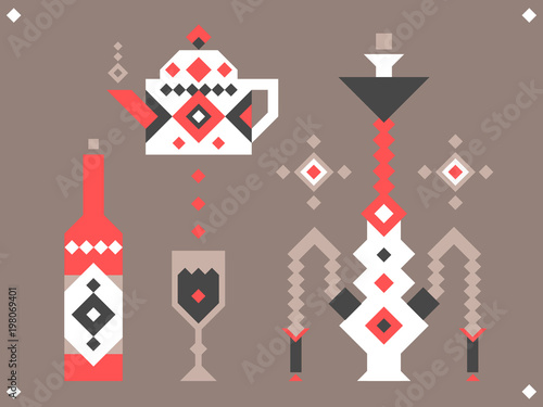 A collection of icons of pixels for the cafe in the oriental style. Hookah, teapot, wine.