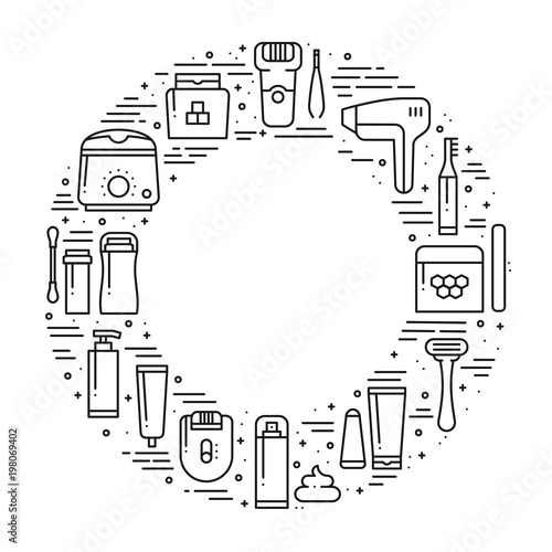 Circle frame with hair removal methods symbols in line style. Shaving sugaring laser waxing epilation depilation tweezing concept theme. Unique hair removal methods round print. Elements, icons.