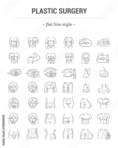 Vector graphic set. Editable stroke size. Icons in flat, contour, outline, thin and linear design. Plastic surgery, correction. Simple isolated icons. Concept illustration. Sign, symbol, element.