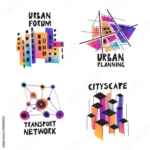 Vector set of fluid gradient hand-drawn logos on the theme of urban planning, city forum, communities, architecture, real estate.