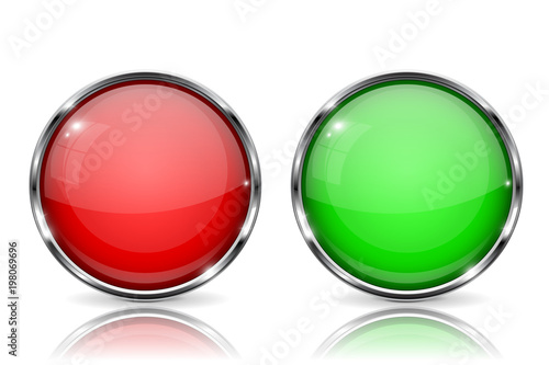Free Download Glass buttons. Red and green round 3d buttons with metal frame. With reflection on white background - GFXLoad