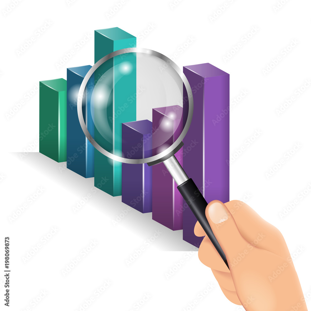 Hand holding a magnifying glass. Business chart, analytics ...