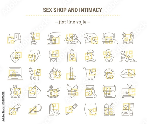 Vector graphic set. Editable outline stroke size. Icons in flat, contour, thin and linear design. Sex shop, intimacy. Simple isolated icons. Concept illustration for Web site. Sign, symbol, element.