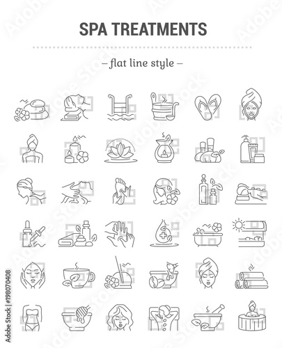 Vector graphic set. Editable stroke size. Icons in flat, contour, outline, thin and linear design. Spa treatments. Simple isolated icons. Concept illustration for Web site. Sign, symbol, element.