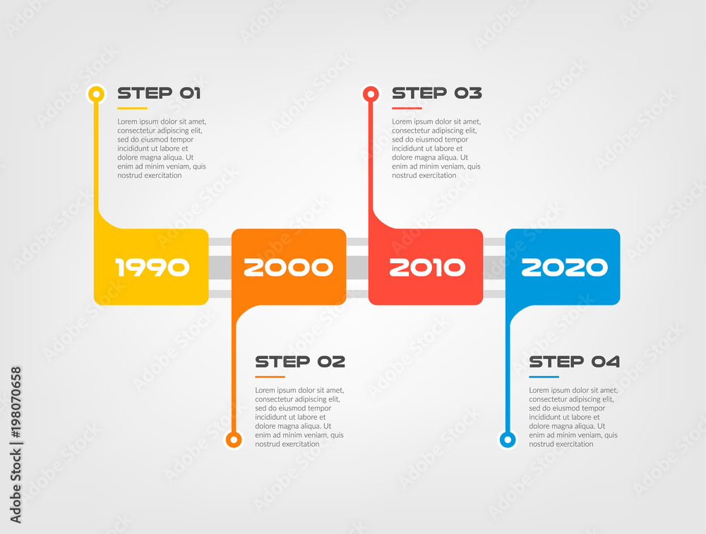 Horizontal Steps timeline infographics a rectangle with rounded corners- can illustrate a strategy, workflow or team work, vector flat color