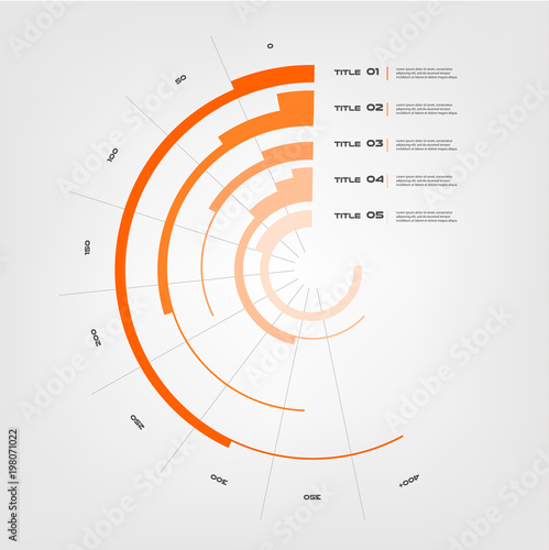 Sunburst chart color infographics step by step in a series of circle. Element of chart, graph, diagram with 5 options - parts, processes. Vector business template for presentation. HUD