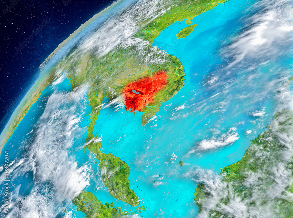 Space view of Cambodia in red