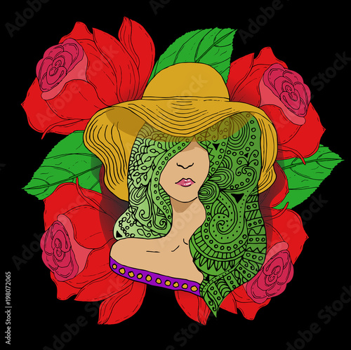 Vector young pretty girl with doodle  green hairs wearing hat on roses background. Fashion illustration.