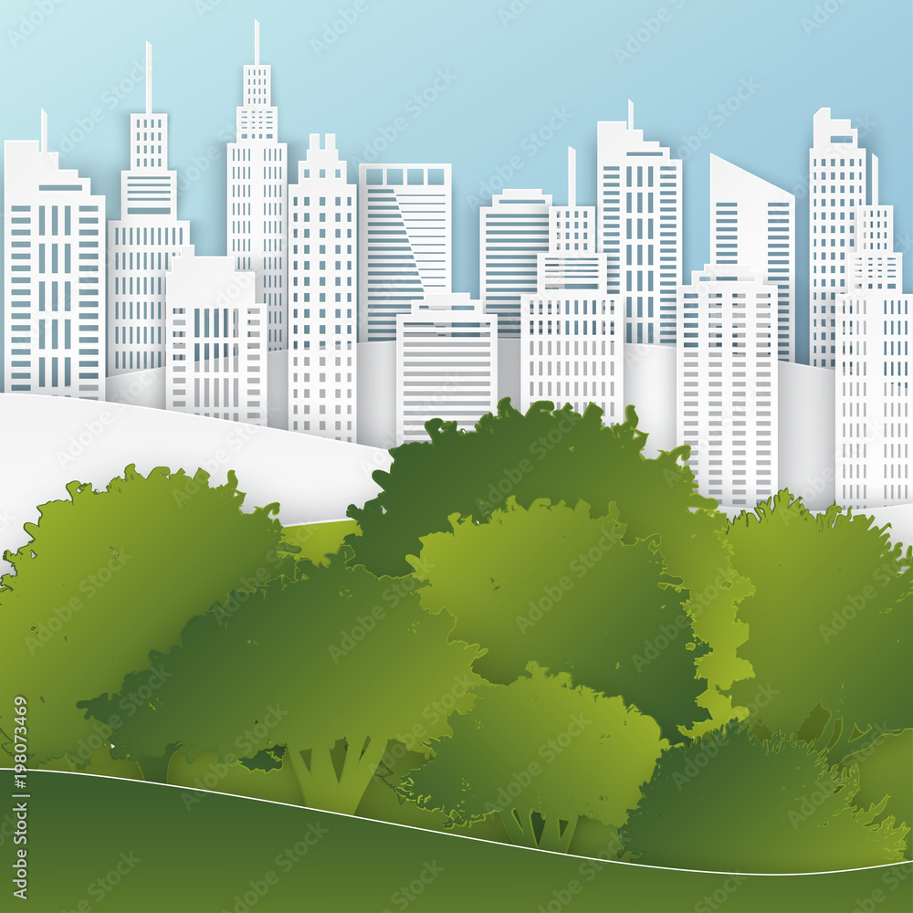 White paper skyscrapers and trees. Achitectural building in panoramic view. Modern city skyline building industrial paper art landscape skyscraper offices, city park. Ecology idea. Vector Illustration