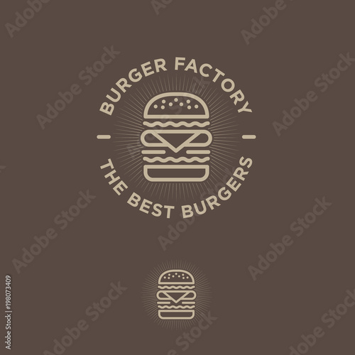 Burger factory logo. Hamburger restaurant emblem. Linear flat logo. Big burger and letters on a dark background.