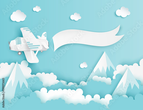 Modern paper art clouds, airplane, banner and mountains. Cute cartoon fluffy clouds. Pastel colors. Origami style