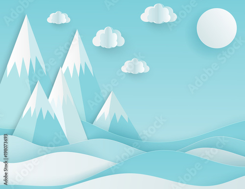 Modern paper art clouds and mountains. Cute cartoon fluffy clouds and waves in pastel colors. Origami style
